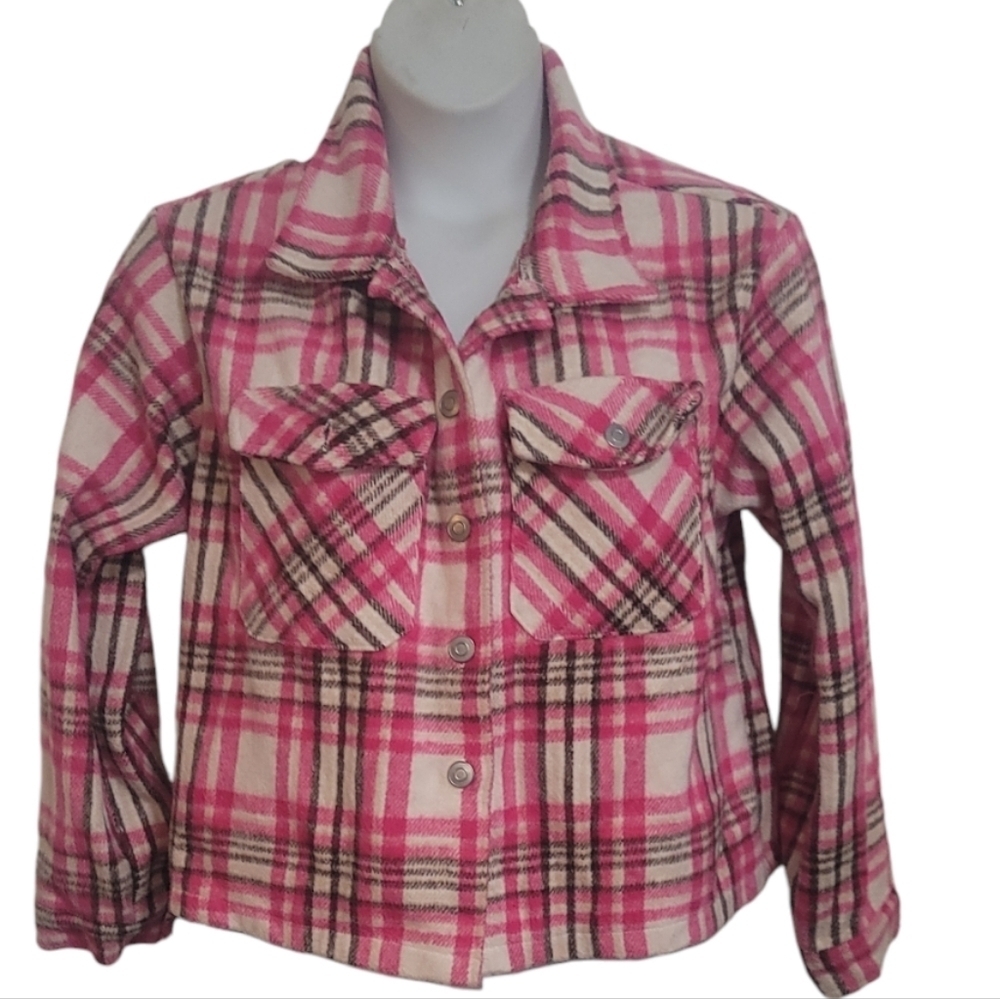 New look pink cream plaid crop shacket shirt jacket xl
